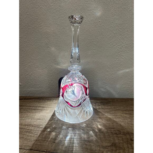 Cut to Clear Crystal Bell Red Overlay Floral Design – 8” Vintage Style - Picture 12 of 14